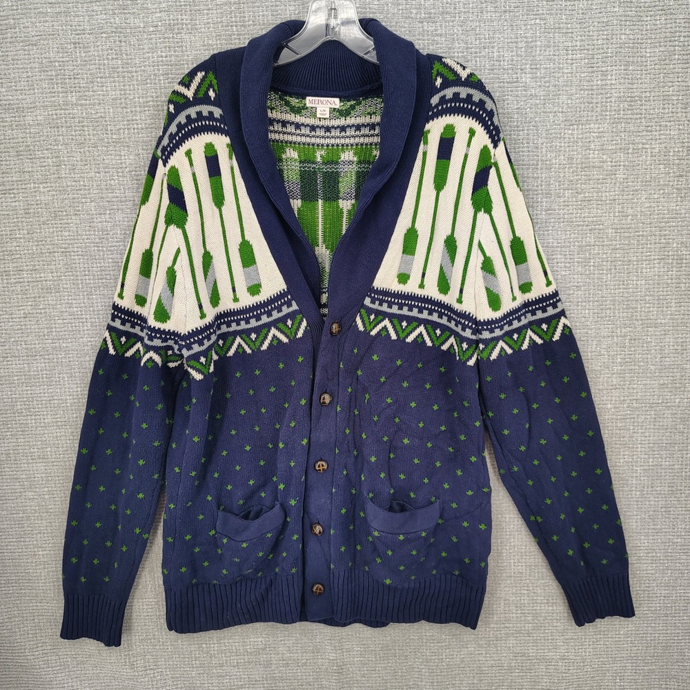 Merona Shawl Collar Cardigan Sweater Mens Large Blue Green Paddle Fair Isle